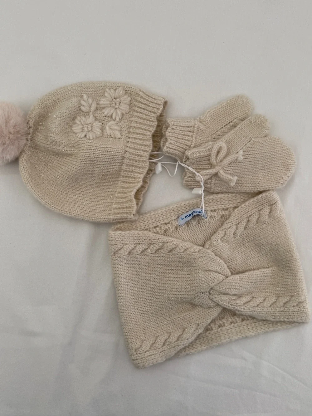 Mayoral Cream Knit Pom-Pom Hat, Mittens & Twisted Headband Set